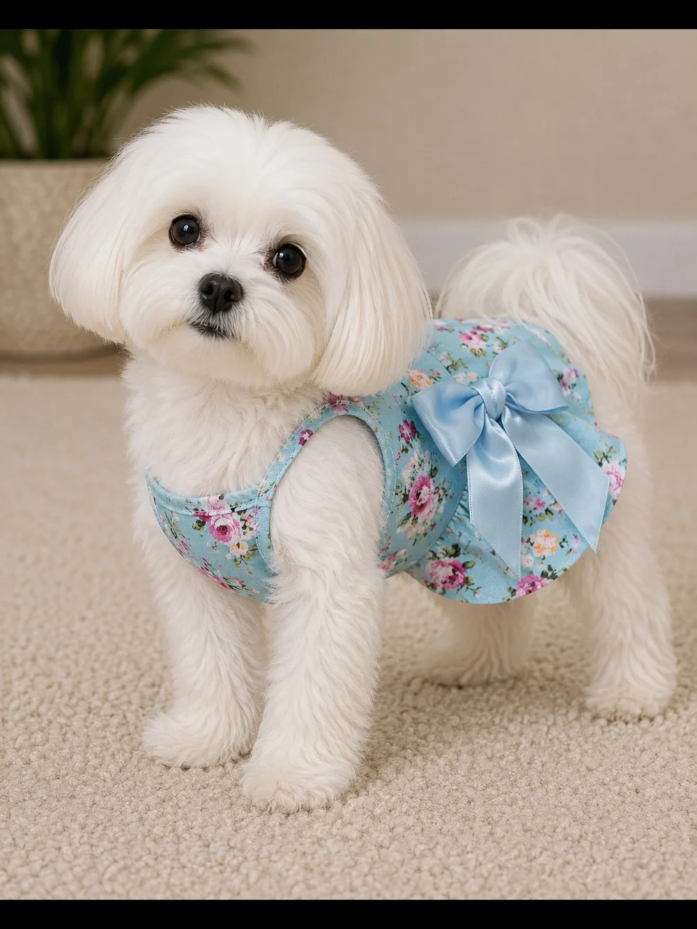 Floral Halter Dog Dress with Emerald Satin Bow